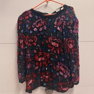 Vintage Oleg Cassini Black Sequin mini dress with Red, Purple & blue sequins